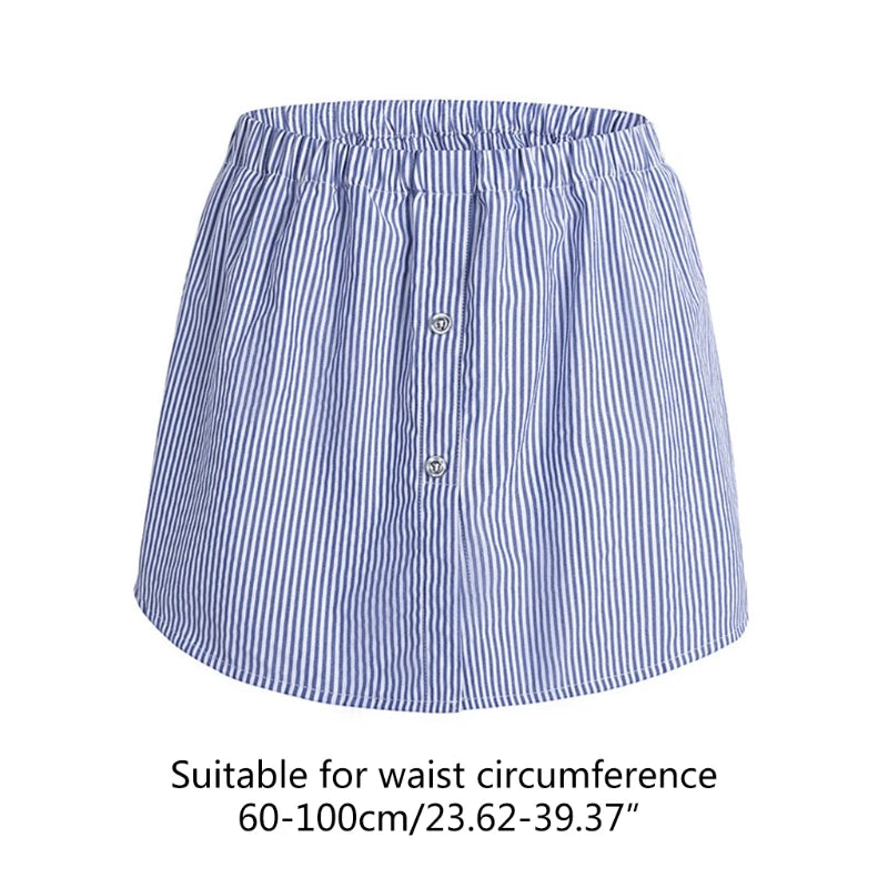 Women Layering Fake Top Lower Sweep Skirt Buttons Blue Striped Blouse A-Line False Hem High Waist Skirt Extenders for Sweater Sw