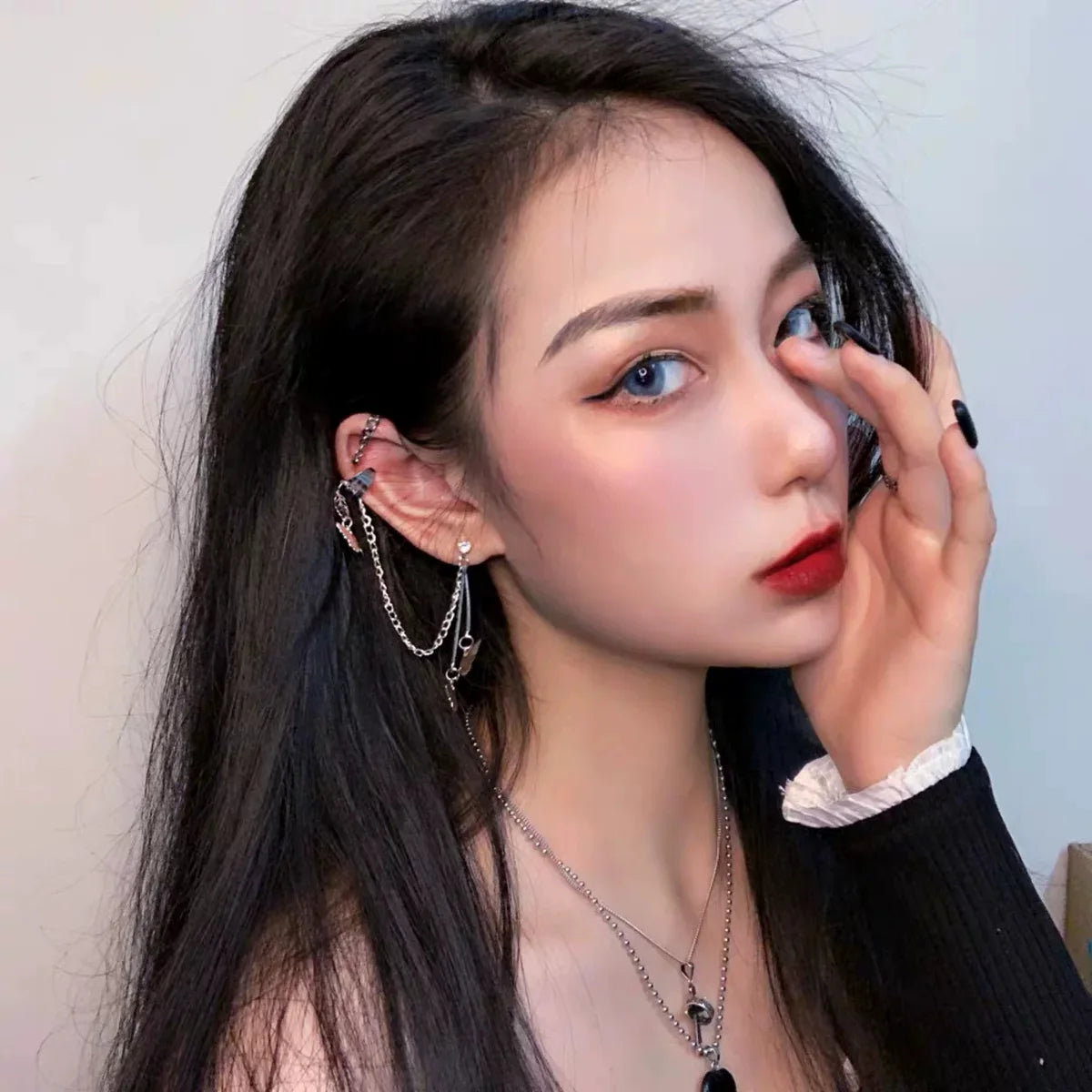 Fashion Explosion Girl Heart Cold Wind Cool Handsome Super Fairy Butterfly Chain Earrings Ear Bone Clip Integrated Ear Jewelry