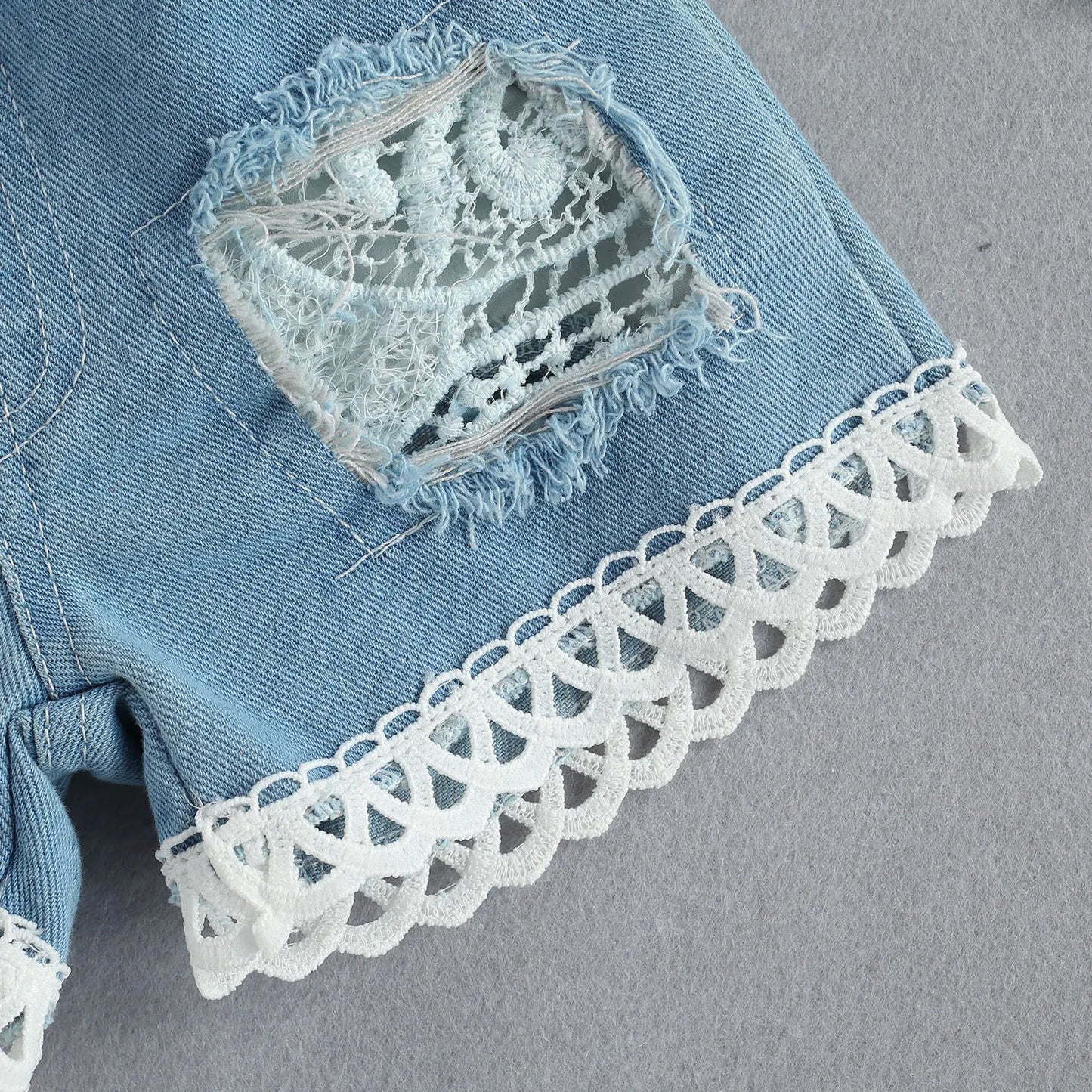 Fashion Infant Newborn Baby Girls Summer Clothes Sets White Lace Flowers Bodysuits Top + Elastic Denim Shorts 2PCs Outfits