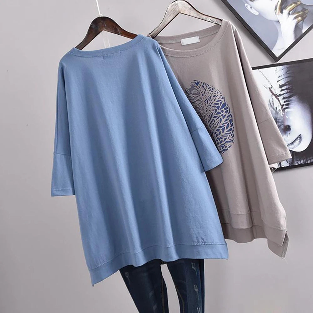 Women Casual 3/4 Sleeve O Neck Leaf Print High Low Hem Loose Blouse Top Blouse Women's Blouse Top Female Woman Cloth Blouse