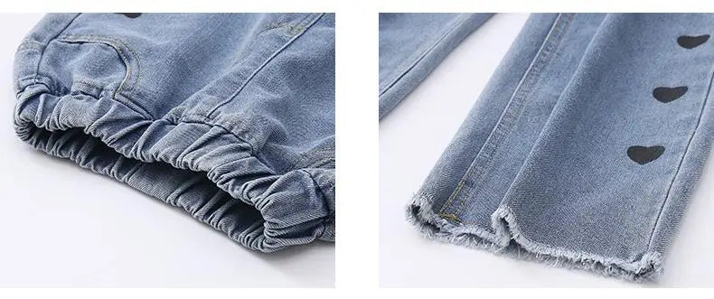 Wide Leg Jeans For Teenage Girls Bottom Baggy Denim Pants Middle Waist Full Length Heart Trousers Children Clothing 13 14 15 16Y