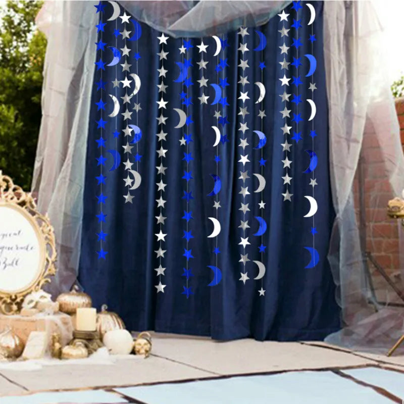 Eid Mubarak Decoration 4M Gold Silver Star Moon Shape Paper Garlands Wedding Birthday Event Party DIY Decorations Ramadan Kareem