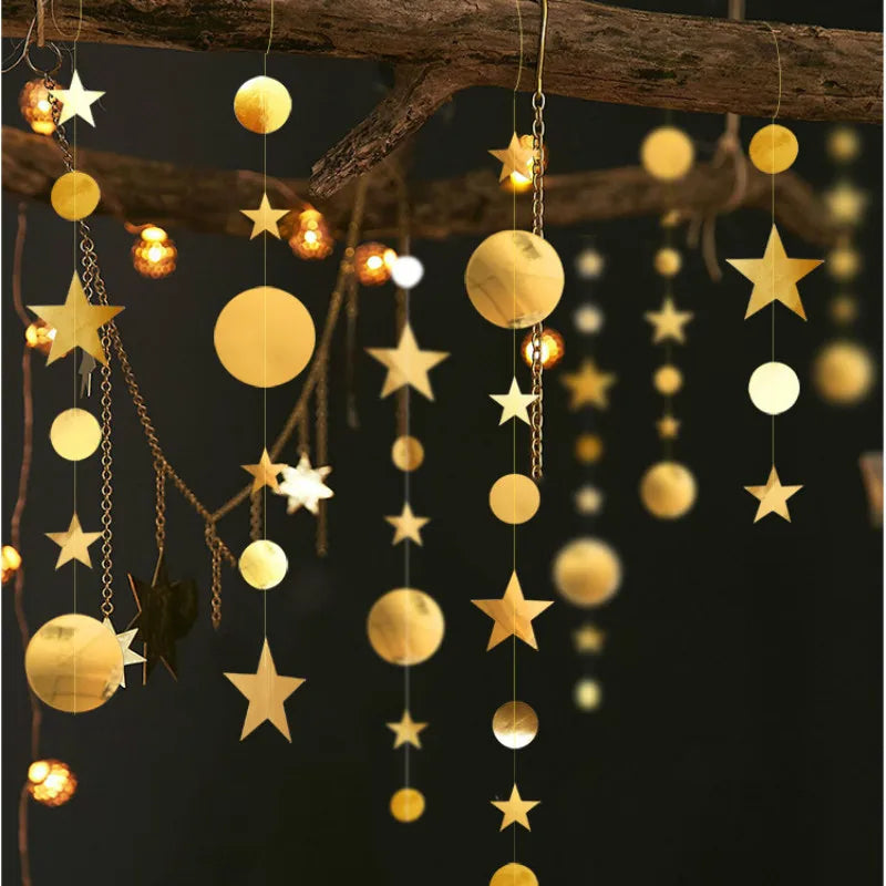 Eid Mubarak Decoration 4M Gold Silver Star Moon Shape Paper Garlands Wedding Birthday Event Party DIY Decorations Ramadan Kareem