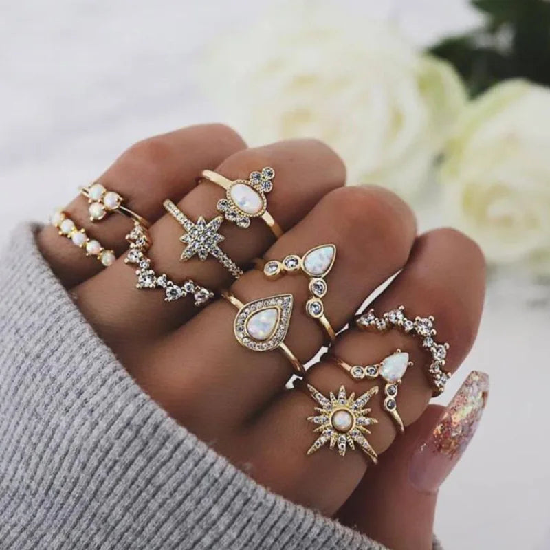 Vintage Boho Finger Rings Set Moon Snake Crystal Midi Kunckle Ring For Women Wedding Party Jewelry Accessories