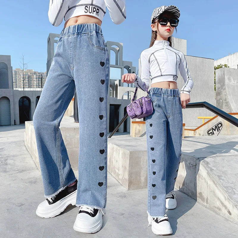 Wide Leg Jeans For Teenage Girls Bottom Baggy Denim Pants Middle Waist Full Length Heart Trousers Children Clothing 13 14 15 16Y
