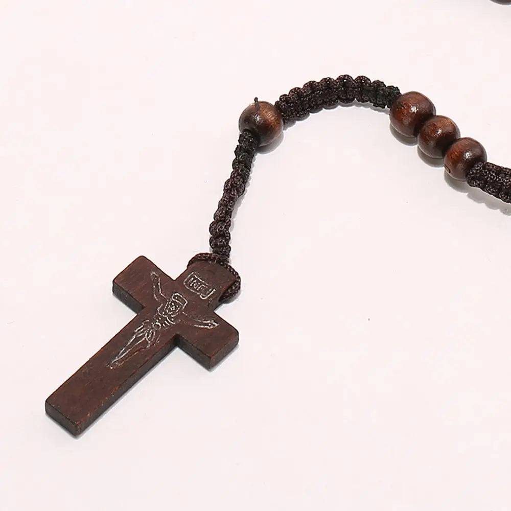 Hot Fashion Women Men Catholic Christ Religious Jewelry Wooden 8mm Rosary Beads Cross Woven Rope Necklace Sweater Chain Decor