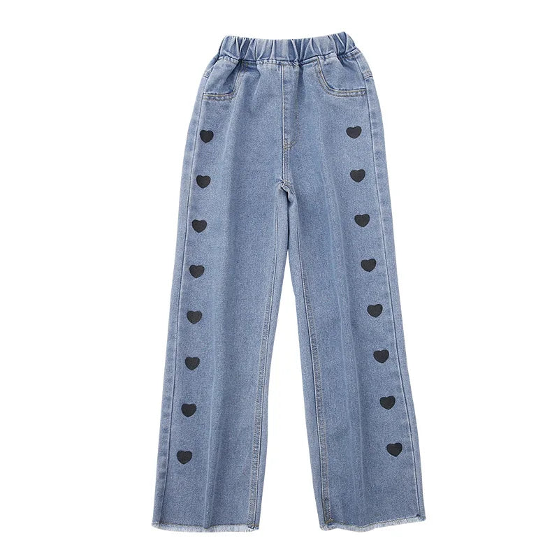 Wide Leg Jeans For Teenage Girls Bottom Baggy Denim Pants Middle Waist Full Length Heart Trousers Children Clothing 13 14 15 16Y