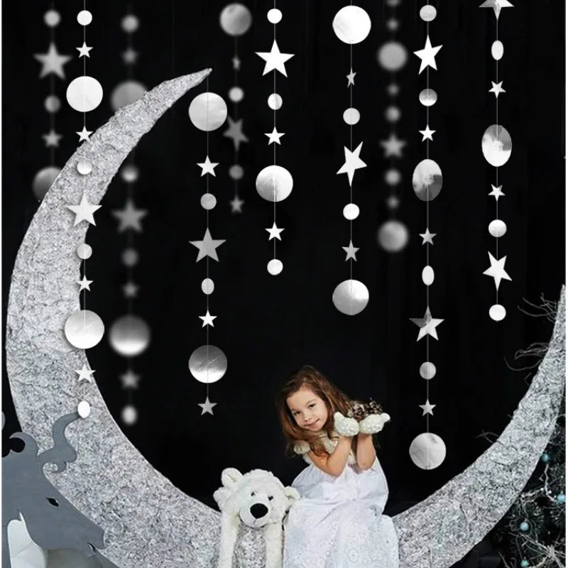 Eid Mubarak Decoration 4M Gold Silver Star Moon Shape Paper Garlands Wedding Birthday Event Party DIY Decorations Ramadan Kareem