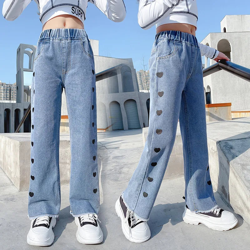 Wide Leg Jeans For Teenage Girls Bottom Baggy Denim Pants Middle Waist Full Length Heart Trousers Children Clothing 13 14 15 16Y