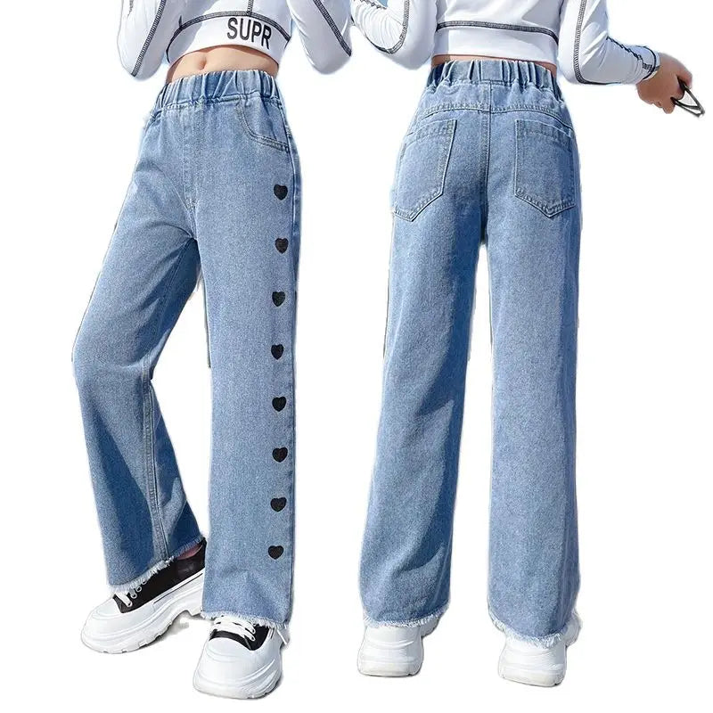 Wide Leg Jeans For Teenage Girls Bottom Baggy Denim Pants Middle Waist Full Length Heart Trousers Children Clothing 13 14 15 16Y