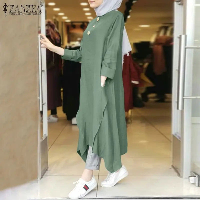 Vintage Women's Irregular Sundress ZANZEA 2023 Autumn Abaya Midi Dress Long Sleeve Vestidos Muslim Female Solid Button Robe