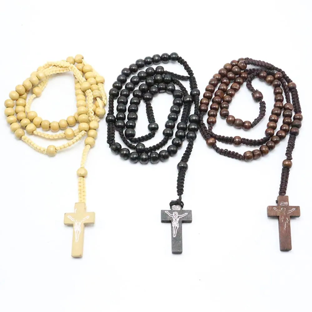 Hot Fashion Women Men Catholic Christ Religious Jewelry Wooden 8mm Rosary Beads Cross Woven Rope Necklace Sweater Chain Decor