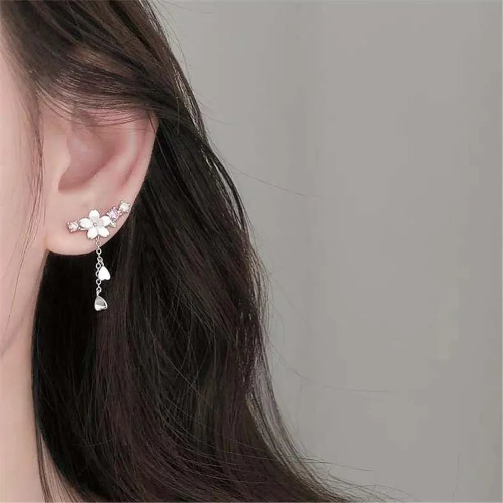 Sweet Pink Cherry Blossom Shell Drop Tassel Earrings for Women Girls Party Fashion Jewelry Gifts temperament flower earrings