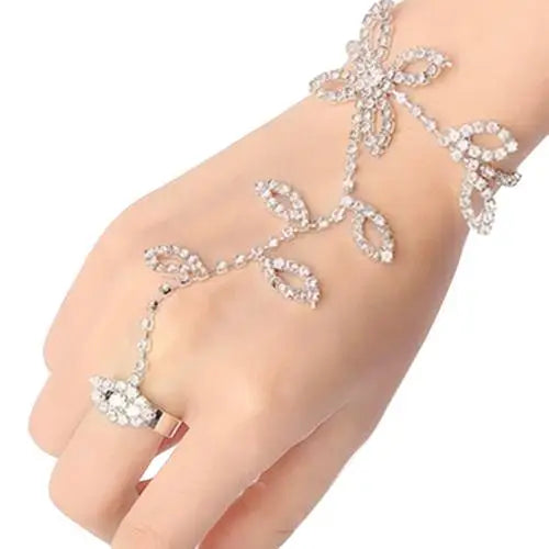 Brief Women Crystal Rhinestone Leaf Hand Harness Slave Inlaid Chain Link Foot Finger Ring Fashion Party Decoration Rings Jewelry