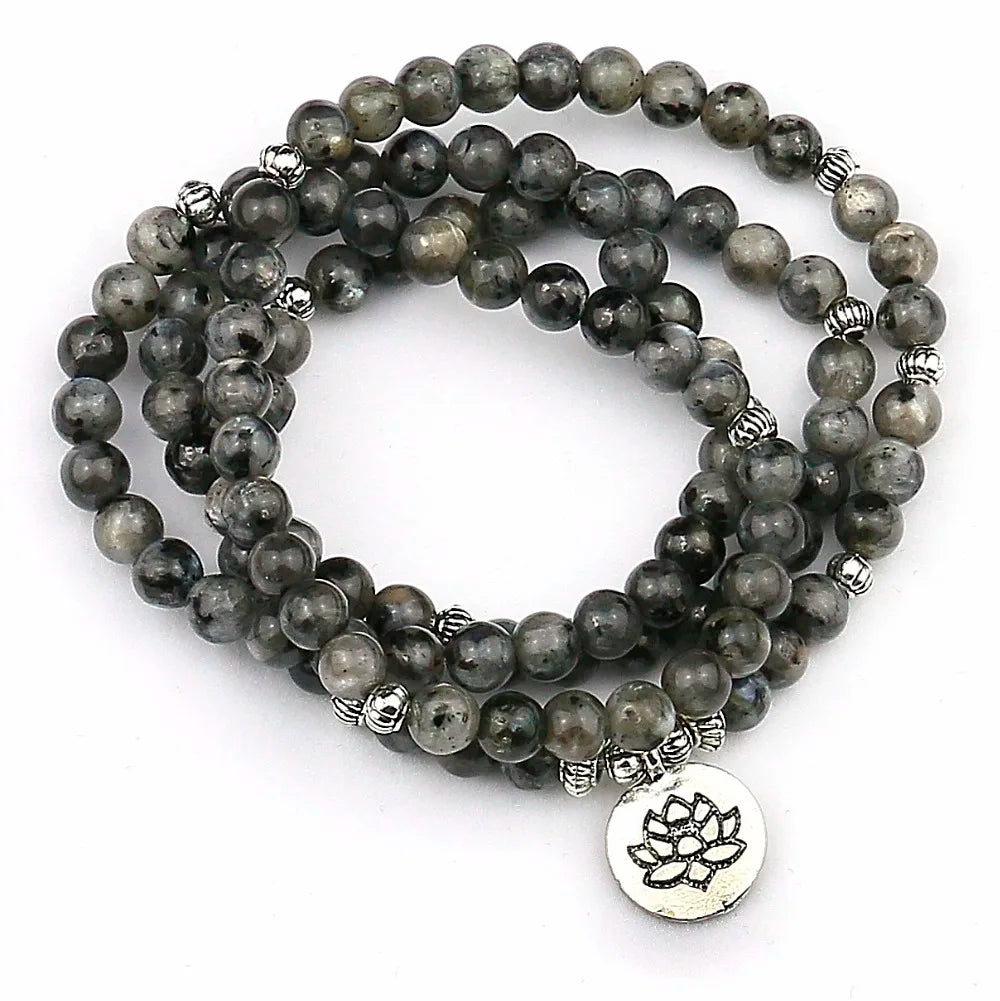 Labradorite Flashstone Strand Bracelet Trendy Handmade Men`s 108 Mala Yoga Bracelet Lotus Buddha Bracelet Women,Birthday Gift