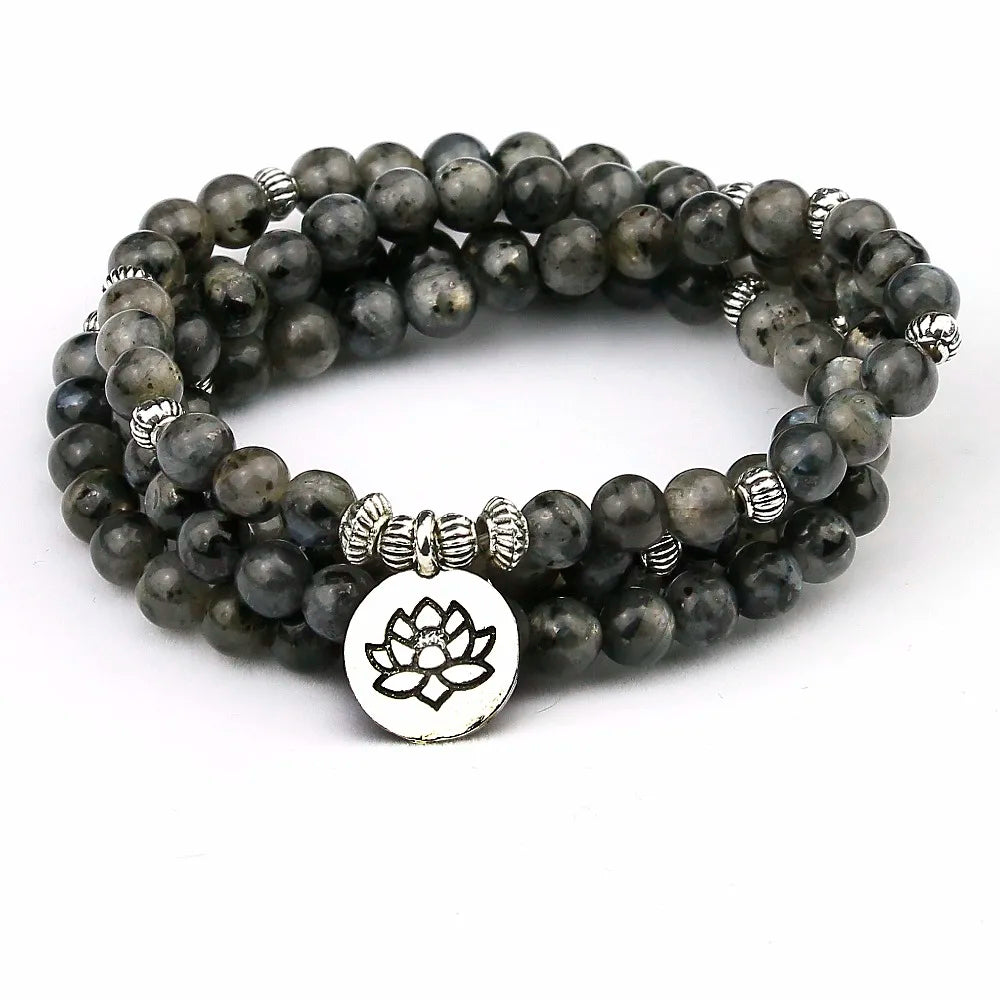 Labradorite Flashstone Strand Bracelet Trendy Handmade Men`s 108 Mala Yoga Bracelet Lotus Buddha Bracelet Women,Birthday Gift