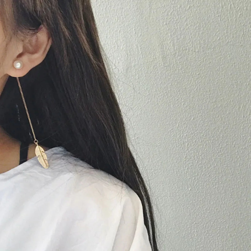 Vintage Long Chain Tassel Simlated Pearl Leaf Feather Drop Earrings For Women Wedding & Engagement Piercing Jewelry Brinco EB287