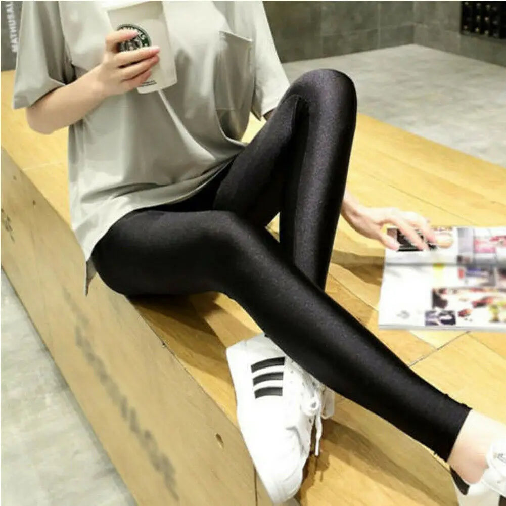 Hot sale solid sexy Shiny Black Thin Elastic Womens High Waist Stretch Skinny Shiny Leggings Slim Fit Pants plus size