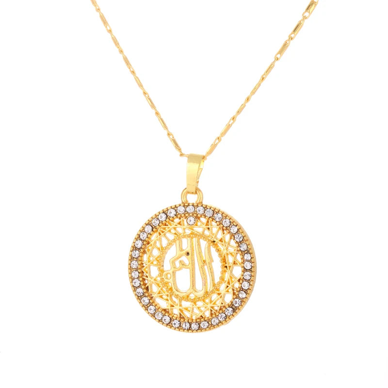 Classic Allah Muslim Necklace Gold Color Round Cubic Zirconia Pendant Necklace Middle East Arab Religious Muslim Jewelry