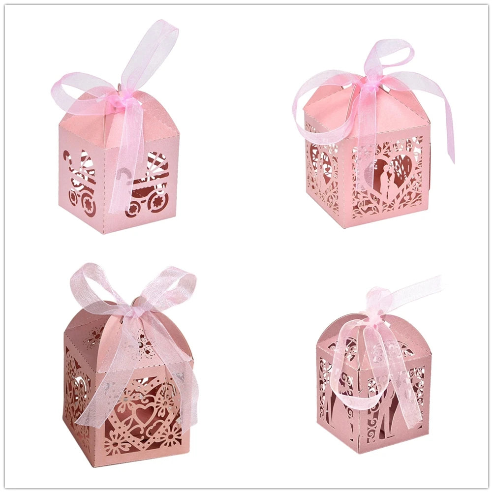 10Pcs Couple Design Luxury Lase Cut Wedding Sweets Candy Gift Favour Boxes with Ribbon Table Decorations Favor candy Box