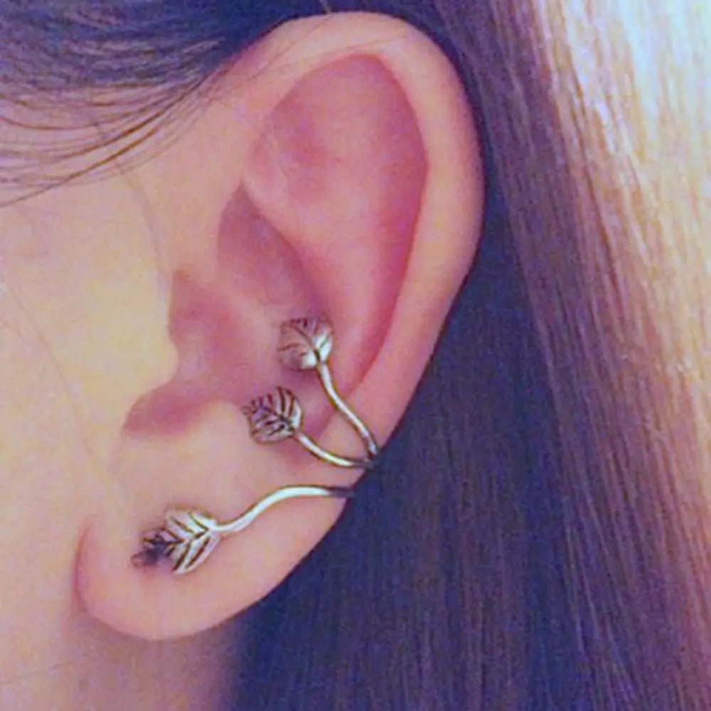 2 Pcs Fashion No Piercing Silver Plated Leaf Clip On Ear Cuff Earring Wrap Punk Ear Clip Earring Fashion Jewelry Accessories
