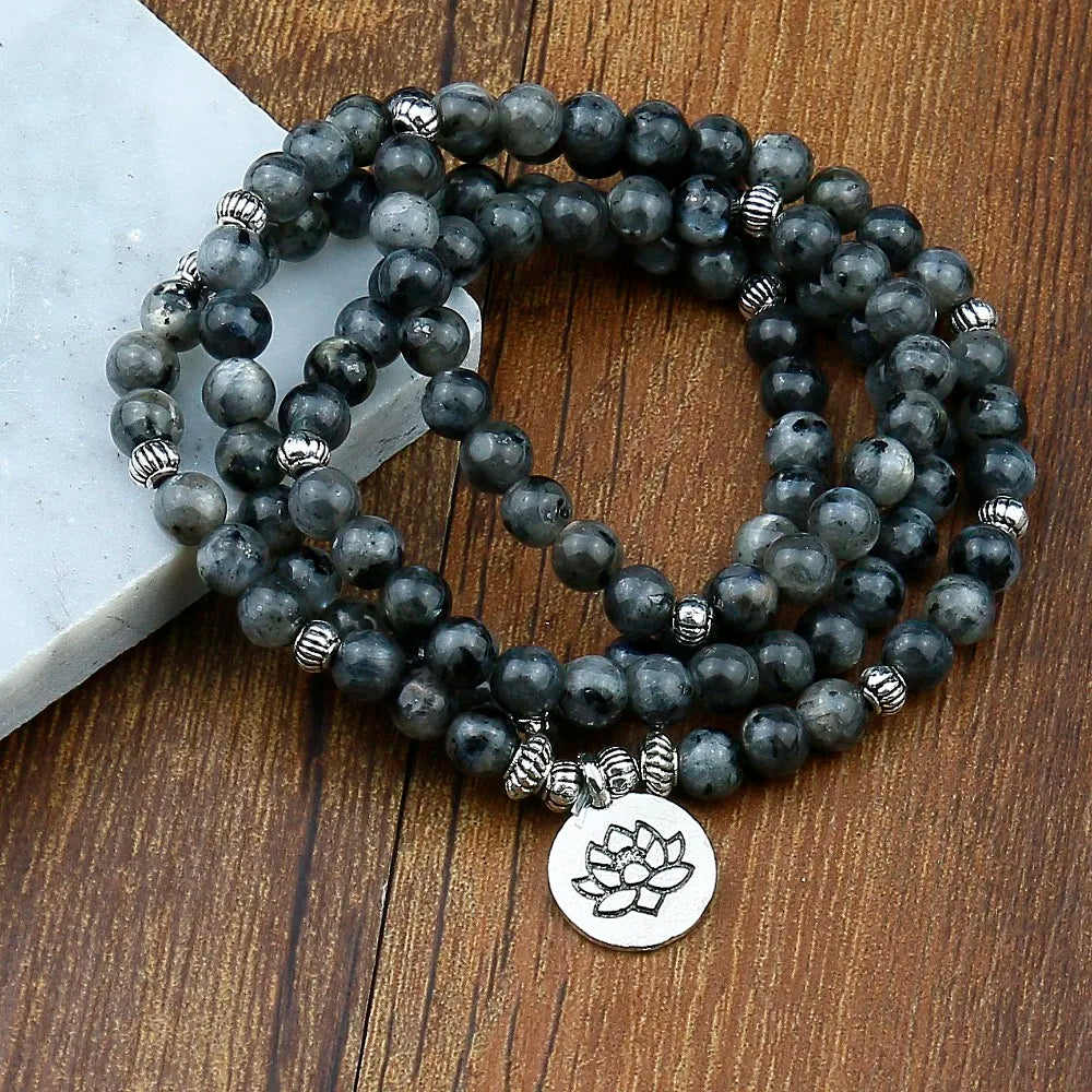 Labradorite Flashstone Strand Bracelet Trendy Handmade Men`s 108 Mala Yoga Bracelet Lotus Buddha Bracelet Women,Birthday Gift