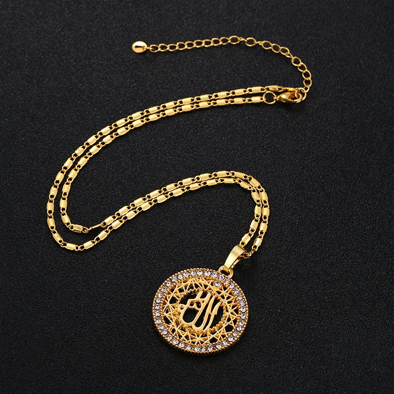 Classic Allah Muslim Necklace Gold Color Round Cubic Zirconia Pendant Necklace Middle East Arab Religious Muslim Jewelry