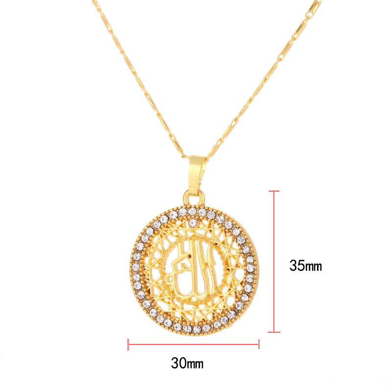 Classic Allah Muslim Necklace Gold Color Round Cubic Zirconia Pendant Necklace Middle East Arab Religious Muslim Jewelry