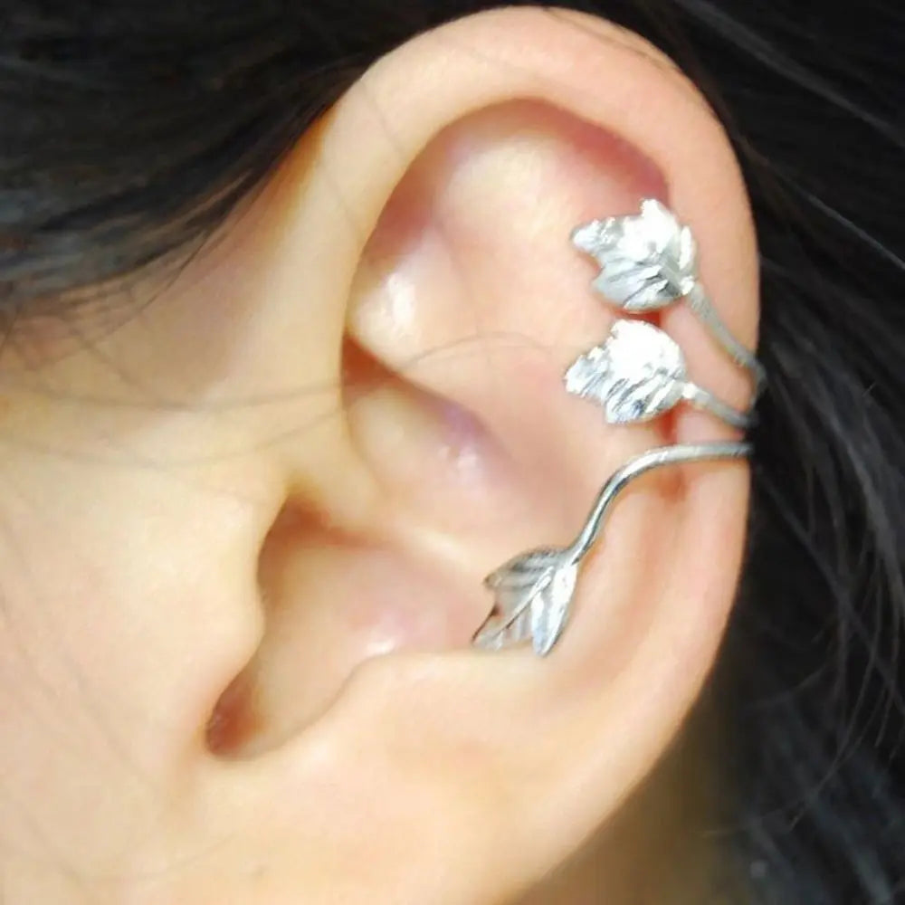 2 Pcs Fashion No Piercing Silver Plated Leaf Clip On Ear Cuff Earring Wrap Punk Ear Clip Earring Fashion Jewelry Accessories