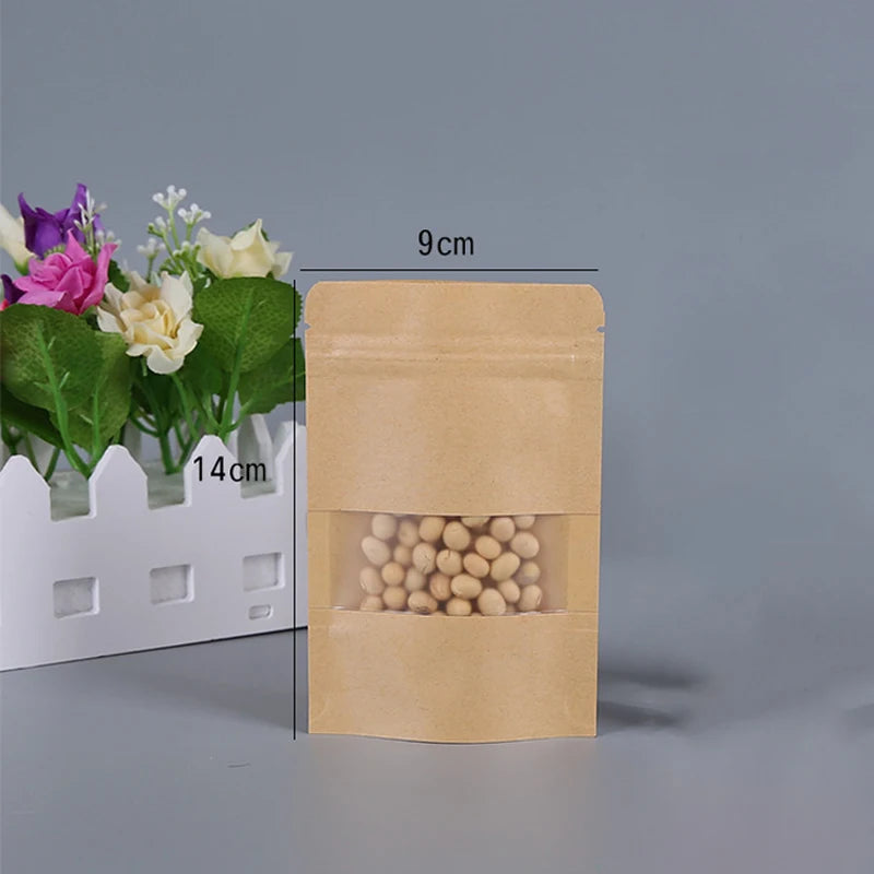 Kraft Paper Bag Lock with Window Gift Tea Packaging Food Stand Up Pouches Storage Bags