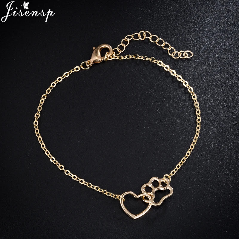 Jisensp Hollow Pet Paw Footprint Bracelets Shellhards Cute Animal Tassut Cat Dog Love Heart Charm Bracelet for Women pulseras