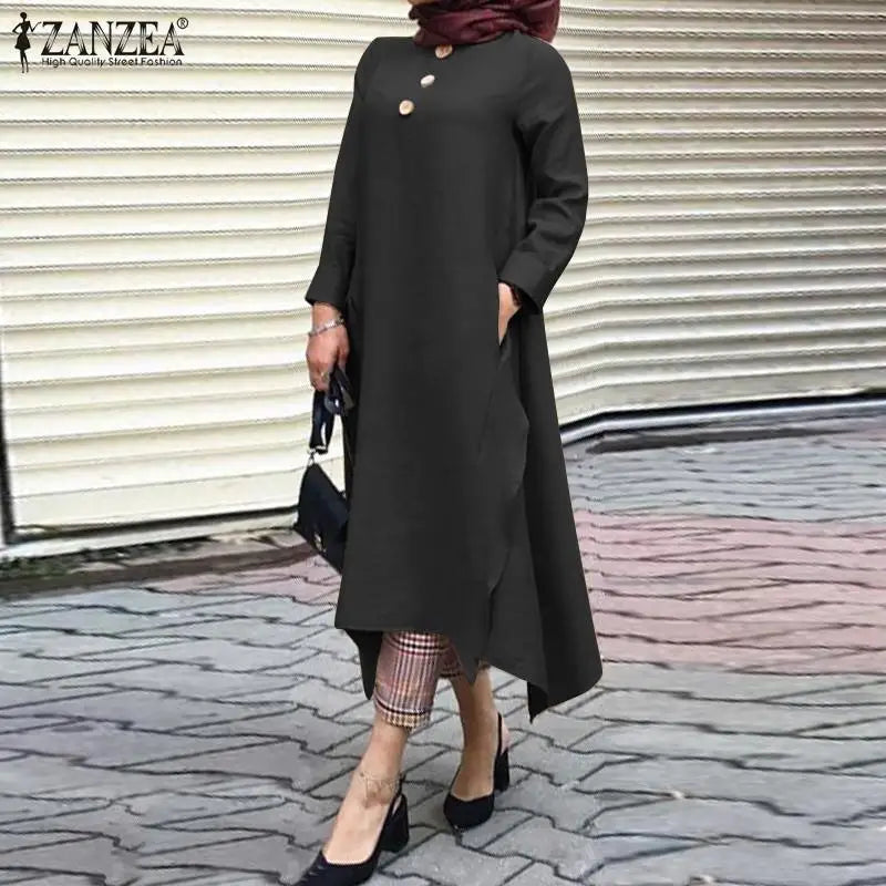 Vintage Women's Irregular Sundress ZANZEA 2023 Autumn Abaya Midi Dress Long Sleeve Vestidos Muslim Female Solid Button Robe