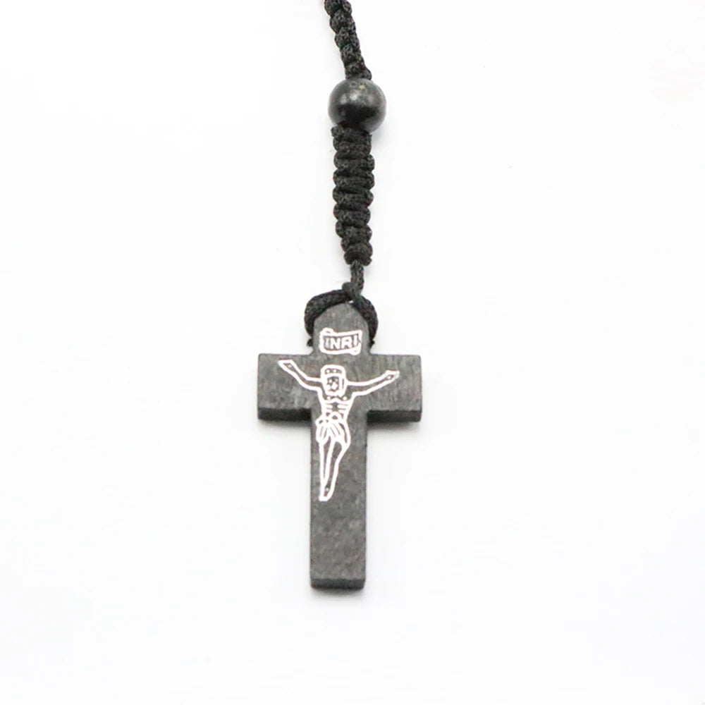 Hot Fashion Women Men Catholic Christ Religious Jewelry Wooden 8mm Rosary Beads Cross Woven Rope Necklace Sweater Chain Decor