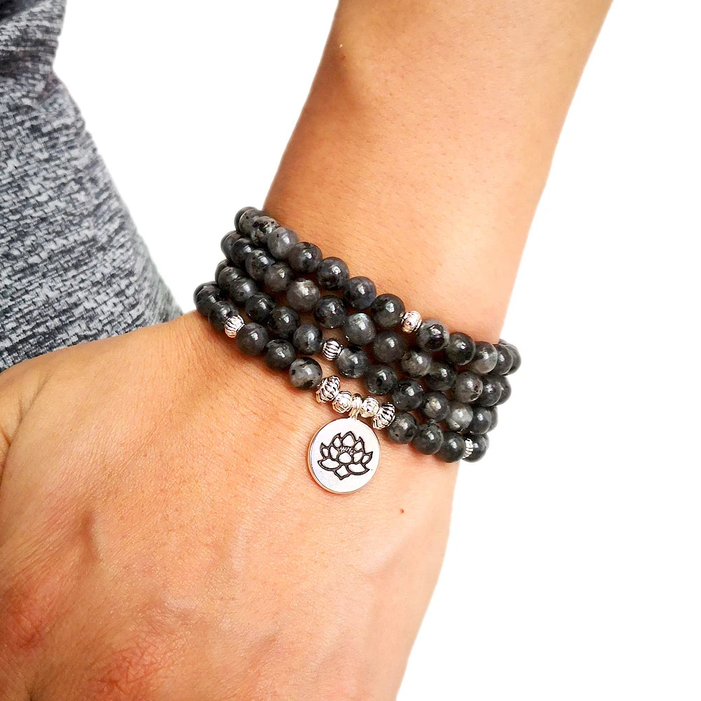 Labradorite Flashstone Strand Bracelet Trendy Handmade Men`s 108 Mala Yoga Bracelet Lotus Buddha Bracelet Women,Birthday Gift