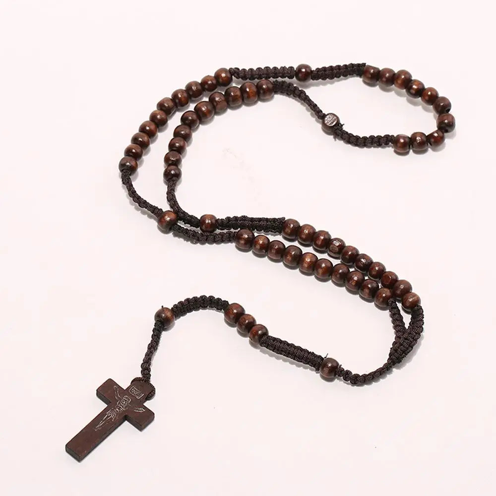 Hot Fashion Women Men Catholic Christ Religious Jewelry Wooden 8mm Rosary Beads Cross Woven Rope Necklace Sweater Chain Decor