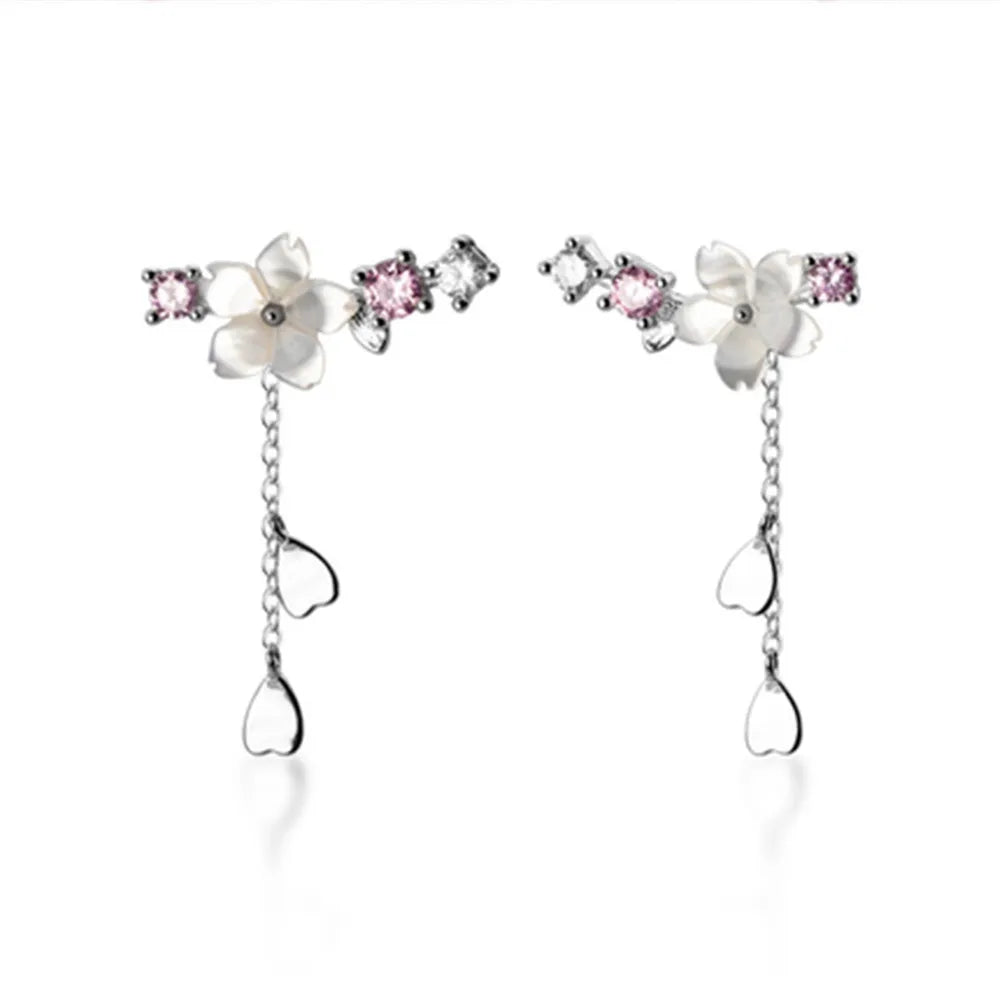 Sweet Pink Cherry Blossom Shell Drop Tassel Earrings for Women Girls Party Fashion Jewelry Gifts temperament flower earrings