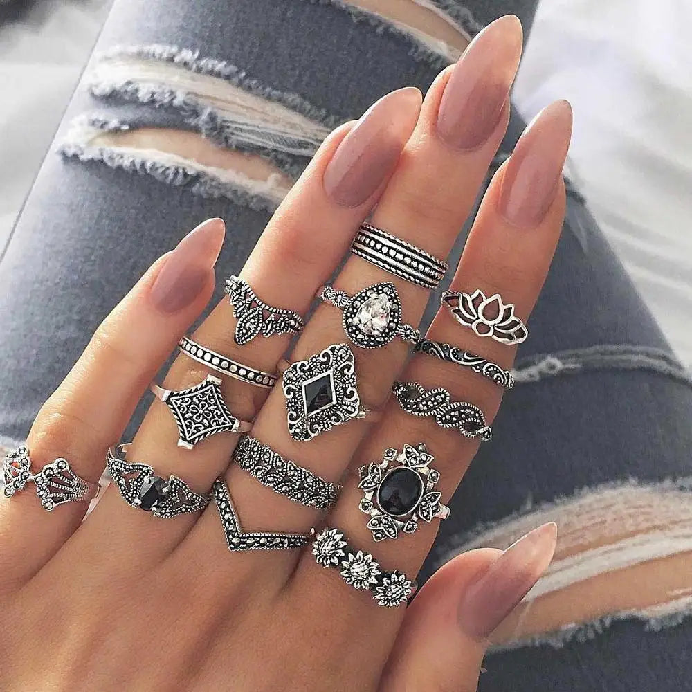 Vintage Boho Finger Rings Set Moon Snake Crystal Midi Kunckle Ring For Women Wedding Party Jewelry Accessories