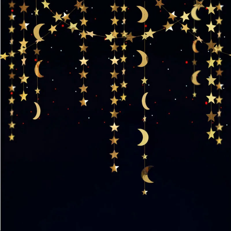 Eid Mubarak Decoration 4M Gold Silver Star Moon Shape Paper Garlands Wedding Birthday Event Party DIY Decorations Ramadan Kareem