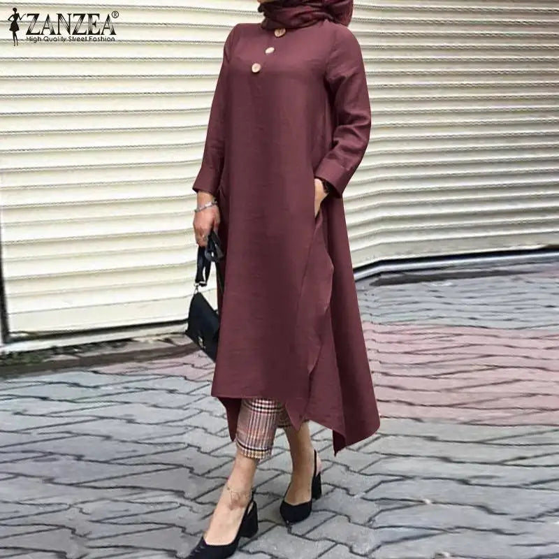 Vintage Women's Irregular Sundress ZANZEA 2023 Autumn Abaya Midi Dress Long Sleeve Vestidos Muslim Female Solid Button Robe