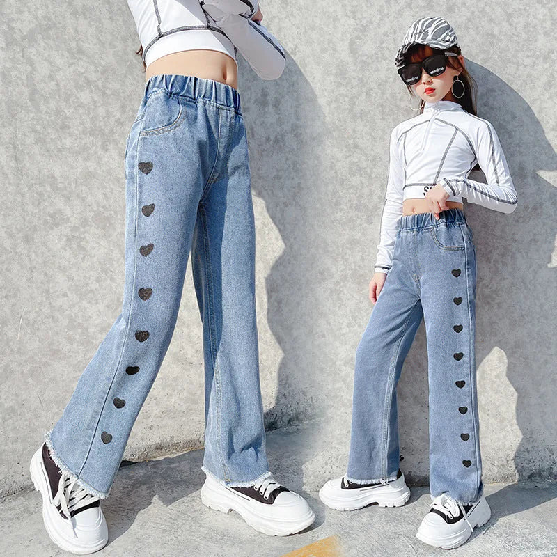 Wide Leg Jeans For Teenage Girls Bottom Baggy Denim Pants Middle Waist Full Length Heart Trousers Children Clothing 13 14 15 16Y
