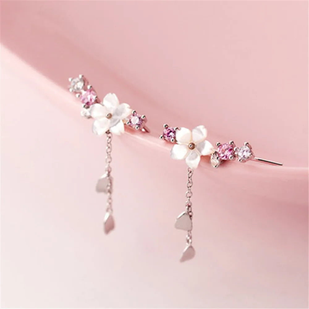 Sweet Pink Cherry Blossom Shell Drop Tassel Earrings for Women Girls Party Fashion Jewelry Gifts temperament flower earrings