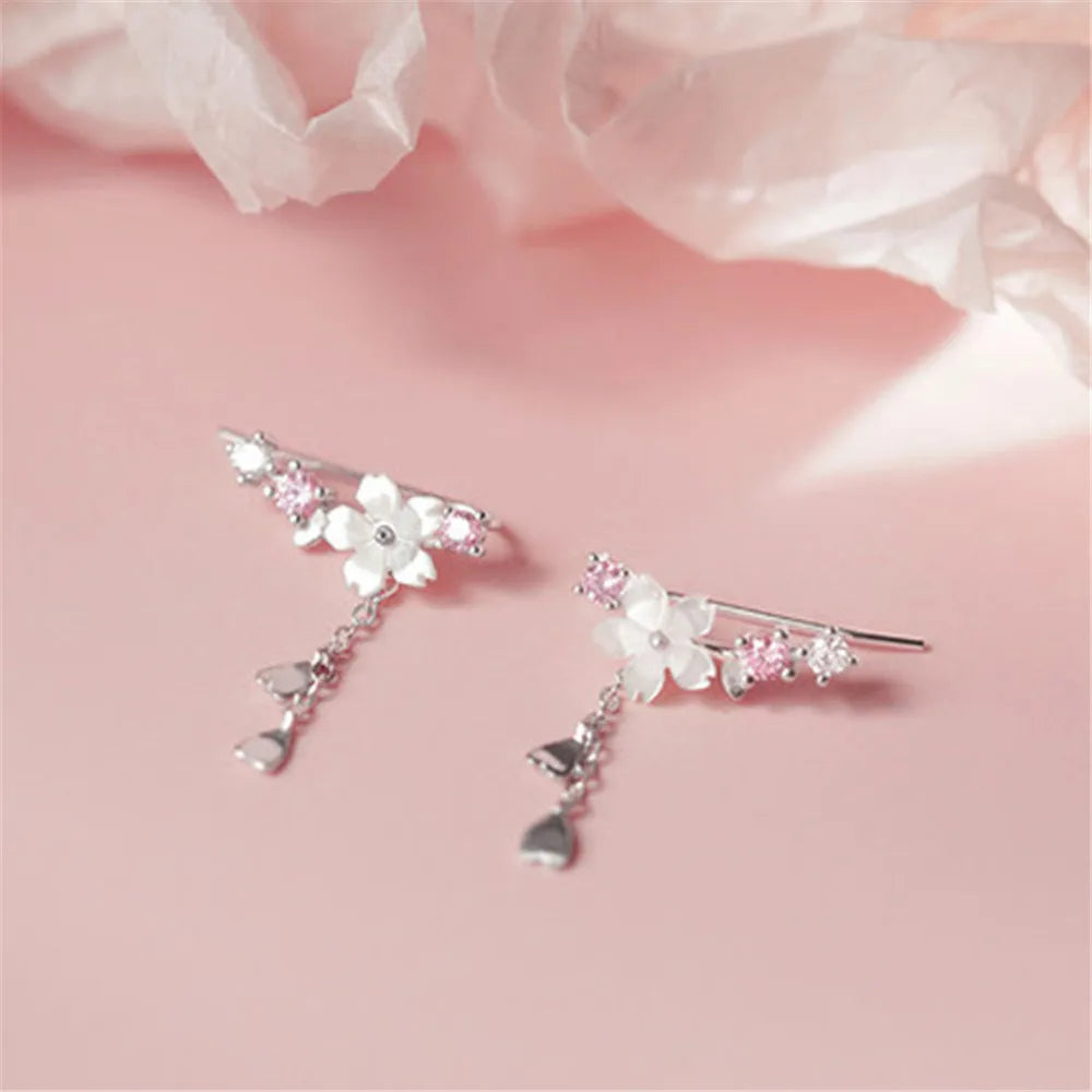 Sweet Pink Cherry Blossom Shell Drop Tassel Earrings for Women Girls Party Fashion Jewelry Gifts temperament flower earrings