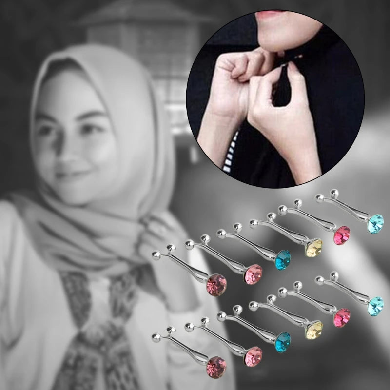 12Pcs/Set Multicolor Rhinestone Muslim Hijab Scarf U Clips Islamic Headscarf Shawl Ethnic Abaya Safey Brooch Pins