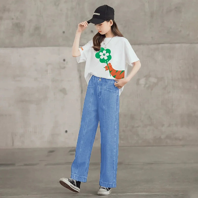 Teen Girls Clothing Sets New Fashion Korean Version Tops And Denim Pants 2Pcs Outfits Kids Tracksuit 4 5 6 7 8 9 10 11 12 Years
