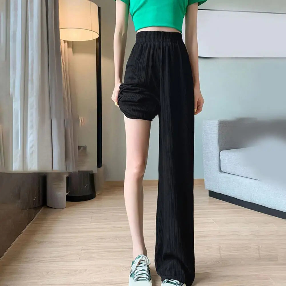 Women Pants High Waist Elastic Waistband Summer Pants Ribbed Thin Full Length Breathable Ice Silk Straight Wide Leg Pants