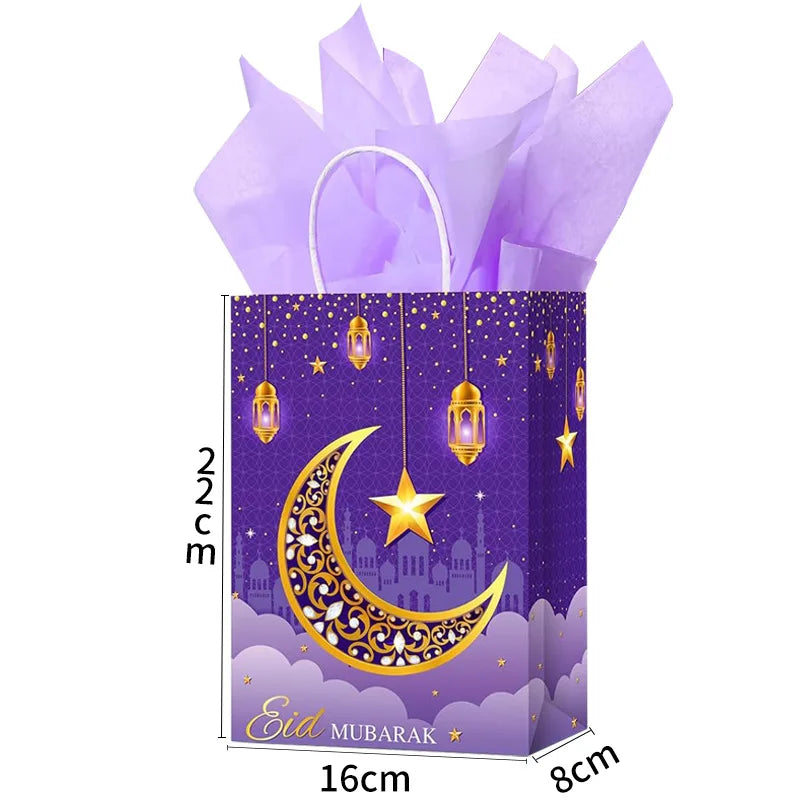 1pc 2024 Eid Mubarak Gift Bags Ramadan Party Decoration Ramadan Kareem Candy Cookie Gift Packing Paper Bag Handbag Muslim Suppli