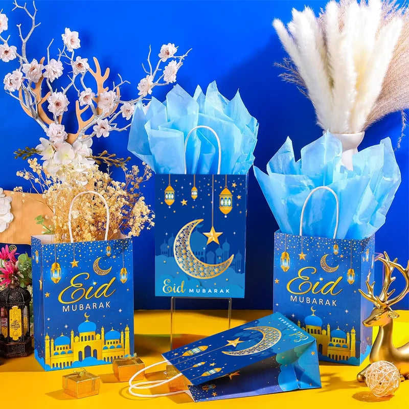 1pc 2024 Eid Mubarak Gift Bags Ramadan Party Decoration Ramadan Kareem Candy Cookie Gift Packing Paper Bag Handbag Muslim Suppli