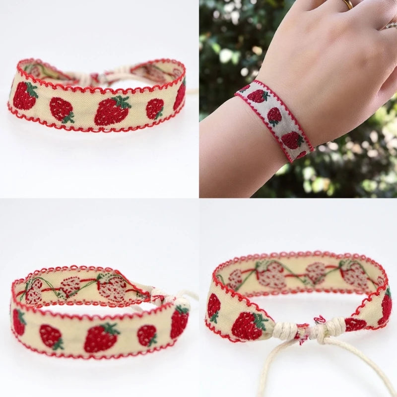 Handmade Strawberry Flower Embroidered Bracelet Jewelry Friendship Wrap Bracelet