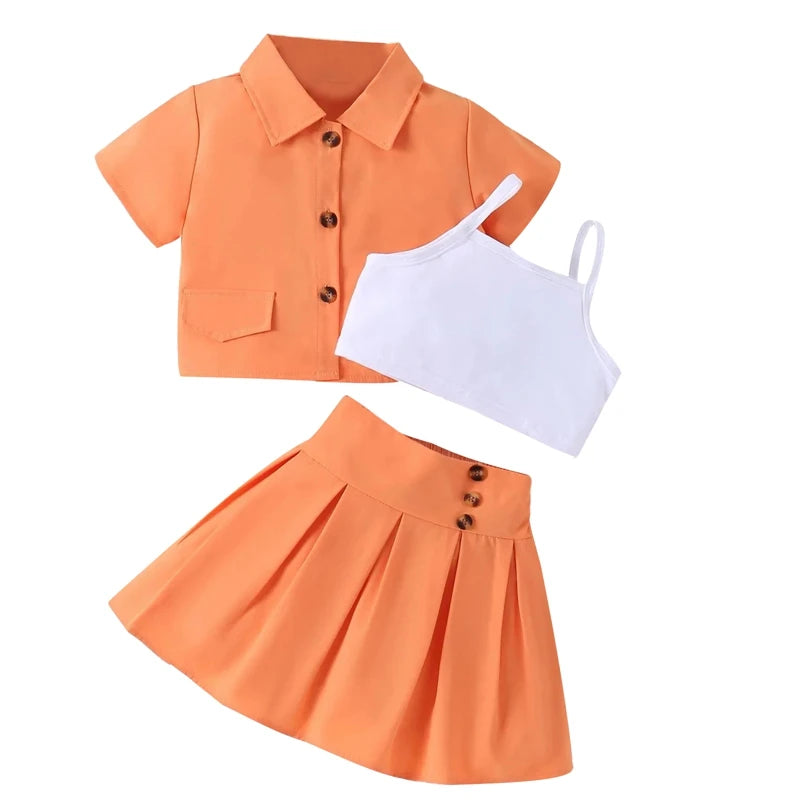 Citgeett Summer Kid Girls Clothes Short Sleeve Button Shirt + Cami Tops + Skirt Set Outfits Clothes