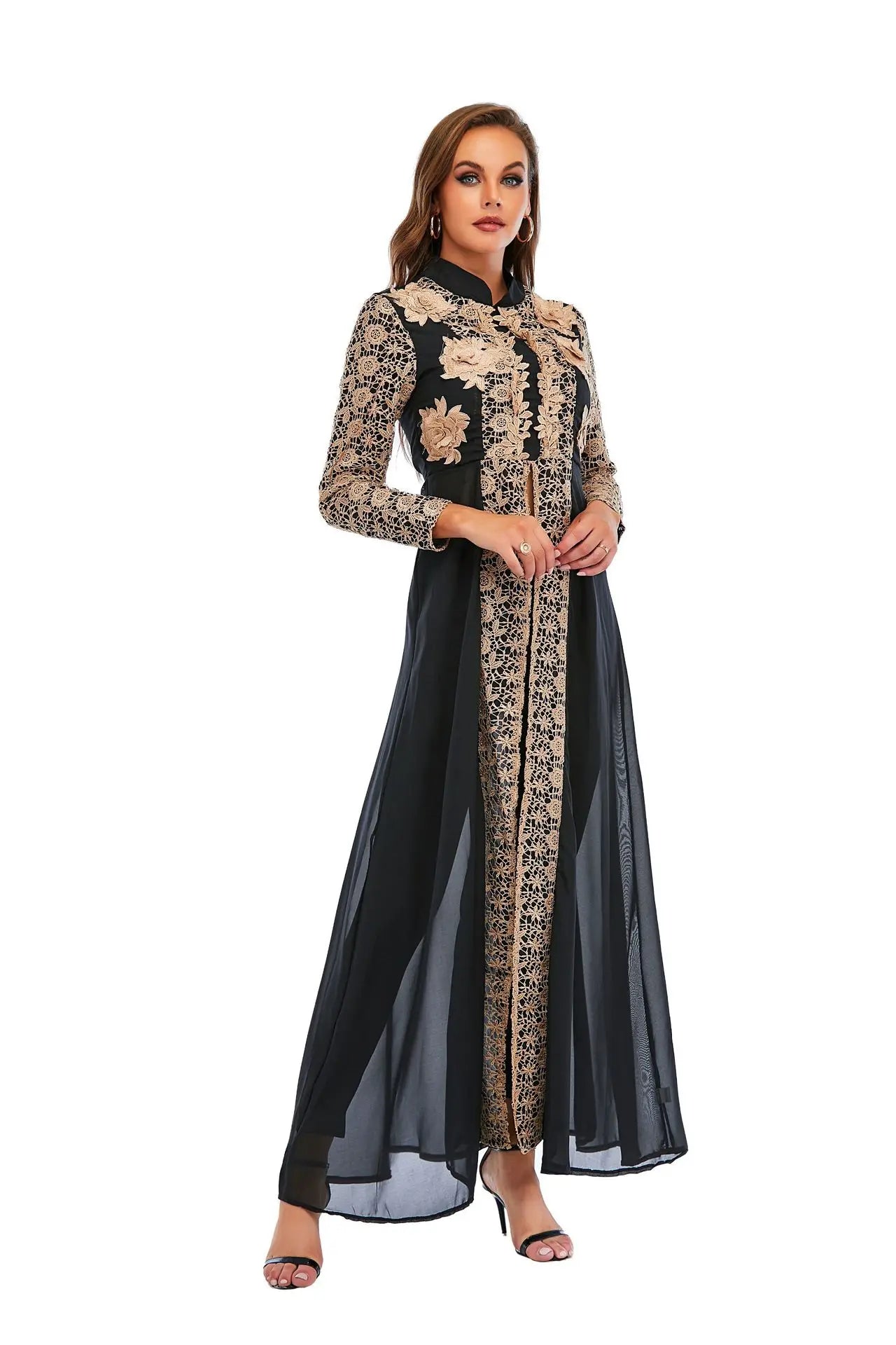 Elegant Stand Collar Women Dress Muslim Abaya 2 Piece Set Floral Full Sleeve Big Swing A-line Party Long Maxi Vestidos fashion